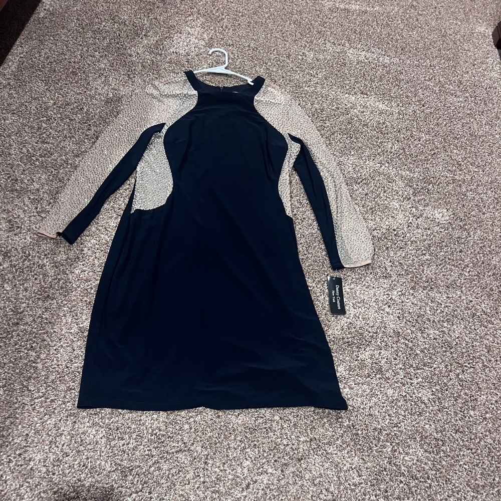 Navy Dress with Cream Textured Long Sleeves
